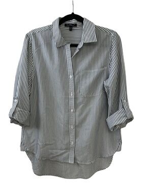 Velvet Heart Gray White Striped Button Down Shirt Roll Tab Sleeve High Low Top L